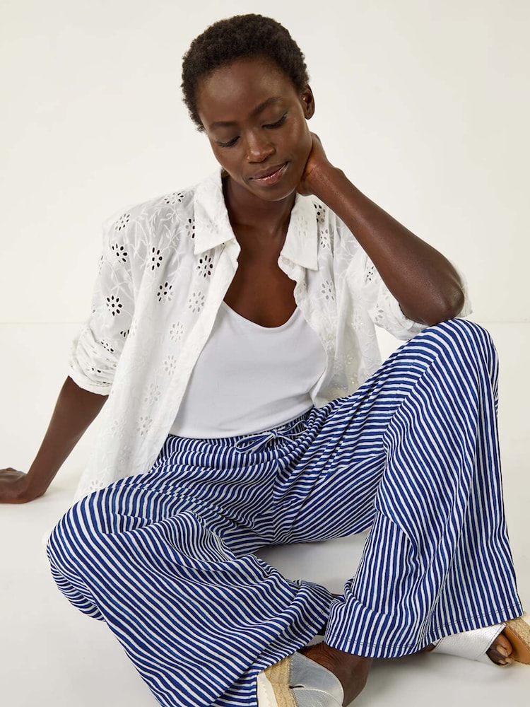 Roman Blue Stripe Wide Leg Trousers - Image 1 of 5 Roman Blue Stripe Wide Leg Trousers - Image 1 of 5
