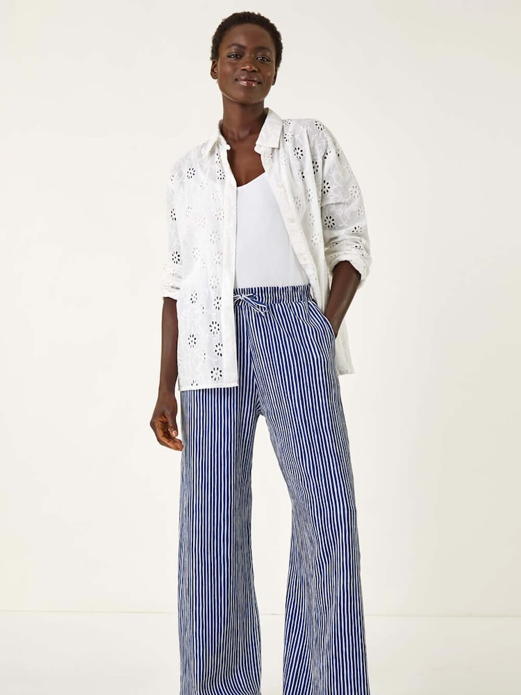 Roman Blue Stripe Wide Leg Trousers - Image 2 of 5 Roman Blue Stripe Wide Leg Trousers - Image 2 of 5