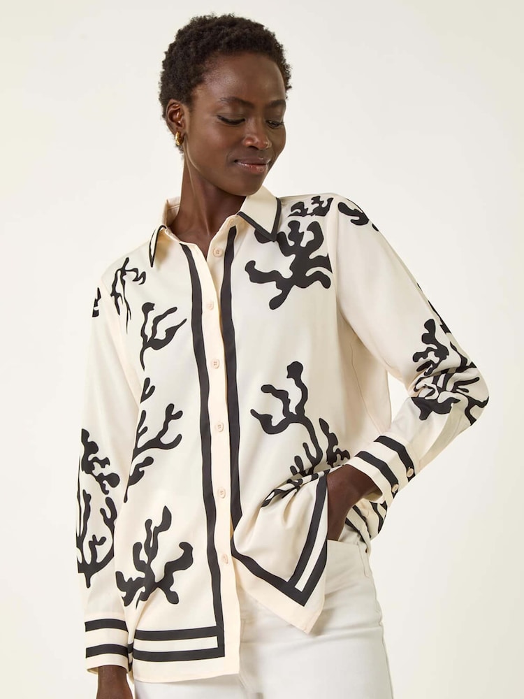 Roman Cream Coral Mono Print Collared Shirt - Image 2 of 5 Roman Cream Coral Mono Print Collared Shirt - Image 2 of 5