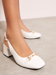 Alb - Friends Like These Faux Leather Snaffle Detail Slingback Low Block Heel Smart Court Shoes - Imaginea 1 din 4