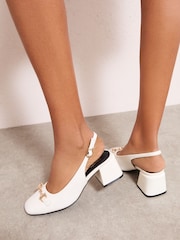 Alb - Friends Like These Faux Leather Snaffle Detail Slingback Low Block Heel Smart Court Shoes - Imaginea 3 din 4