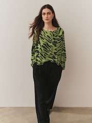 Green Animal Print Twist Neck Long Sleeve Blouse - Image 1 of 7
