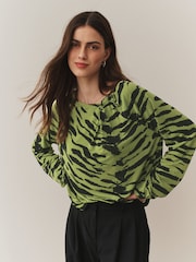 Green Animal Print Twist Neck Long Sleeve Blouse - Image 2 of 7