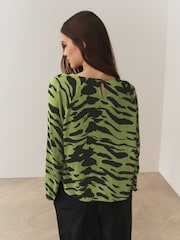 Green Animal Print Twist Neck Long Sleeve Blouse - Image 3 of 7