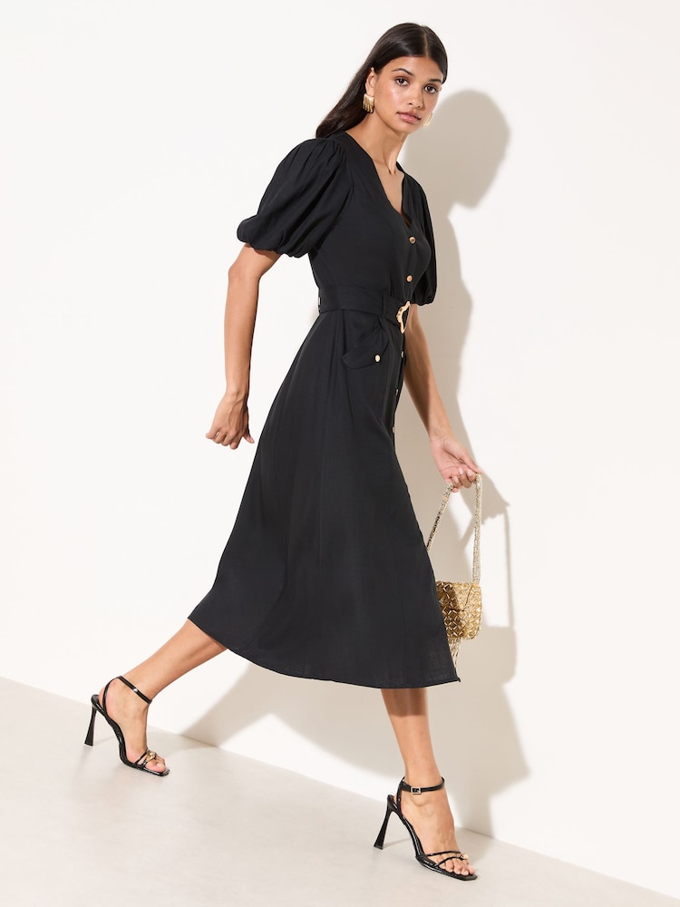 Friends Like These Black Petite Button Through Belted Midi Dress - Image 1 of 5
