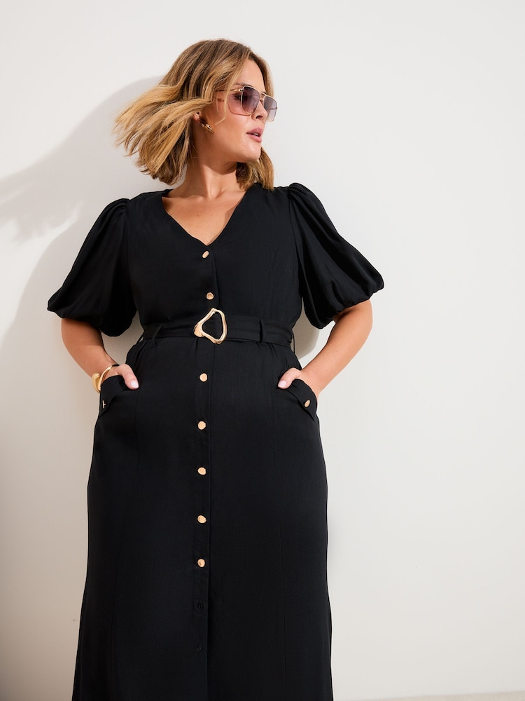 Friends Like These Black Curve Button Through Belted Midi Dress - Image 1 of 5 Friends Like These Black Curve Button Through Belted Midi Dress - Image 1 of 5