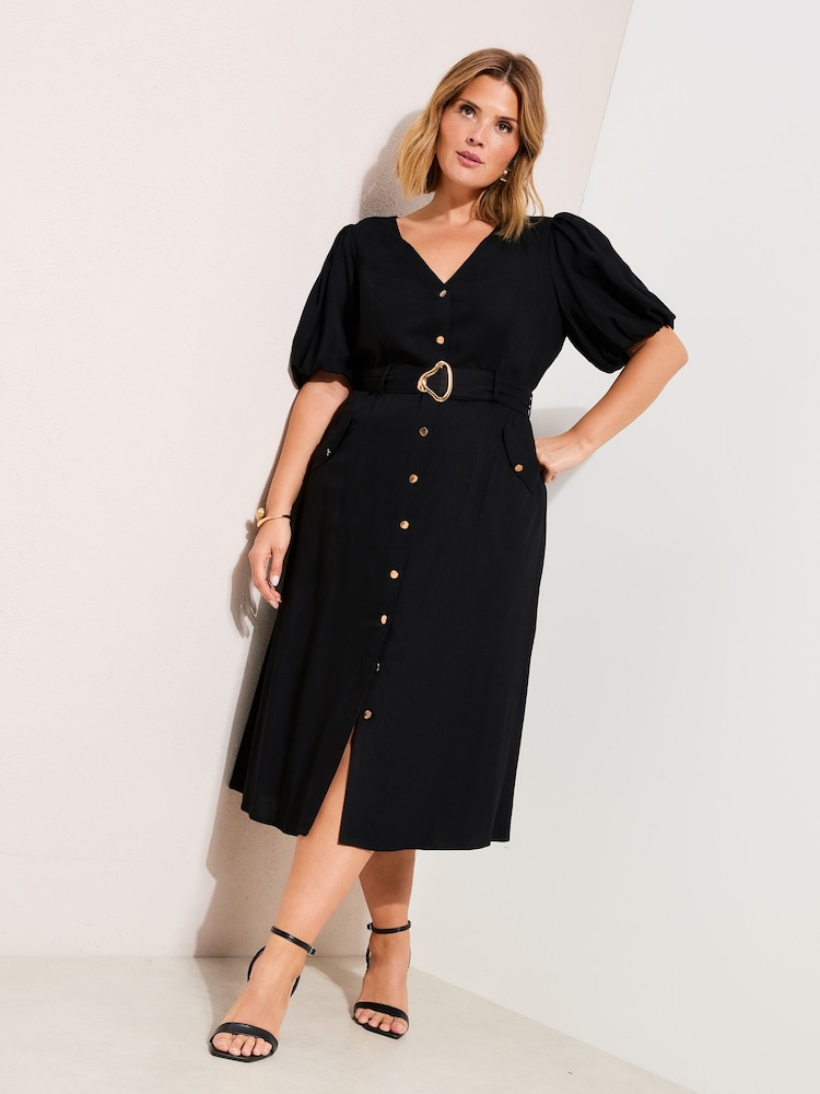 Friends Like These Black Curve Button Through Belted Midi Dress - Image 2 of 5 Friends Like These Black Curve Button Through Belted Midi Dress - Image 2 of 5
