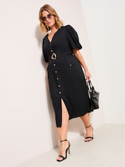 Friends Like These Black Curve Button Through Belted Midi Dress - Image 3 of 5