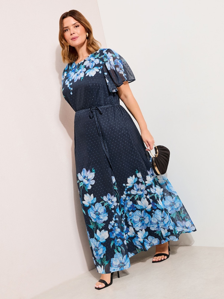 Friends Like These Blue Floral Curve Chiffon Short Sleeve Midi Dress - Image 1 of 4