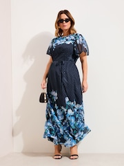 Friends Like These Blue Floral Curve Chiffon Short Sleeve Midi Dress - Image 3 of 4