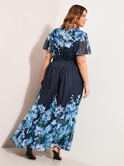 Friends Like These Blue Floral Curve Chiffon Short Sleeve Midi Dress - Image 4 of 4