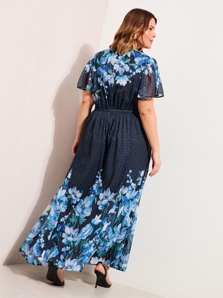 Friends Like These Blue Floral Curve Chiffon Short Sleeve Midi Dress - Image 4 of 4