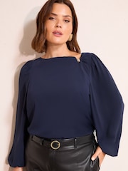 Friends Like These Navy Curve Long Sleeve Hardware Detail Drape Blouse - Image 1 of 4