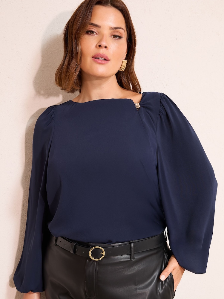 Friends Like These Navy Curve Long Sleeve Hardware Detail Drape Blouse - Image 1 of 4