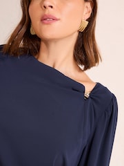 Friends Like These Navy Curve Long Sleeve Hardware Detail Drape Blouse - Image 2 of 4