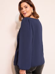 Friends Like These Navy Curve Long Sleeve Hardware Detail Drape Blouse - Image 4 of 4
