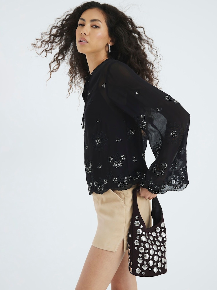 River Island Black Chiffon Cutwork Blouse - Image 2 of 4