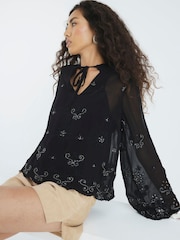 River Island Black Chiffon Cutwork Blouse - Image 3 of 4