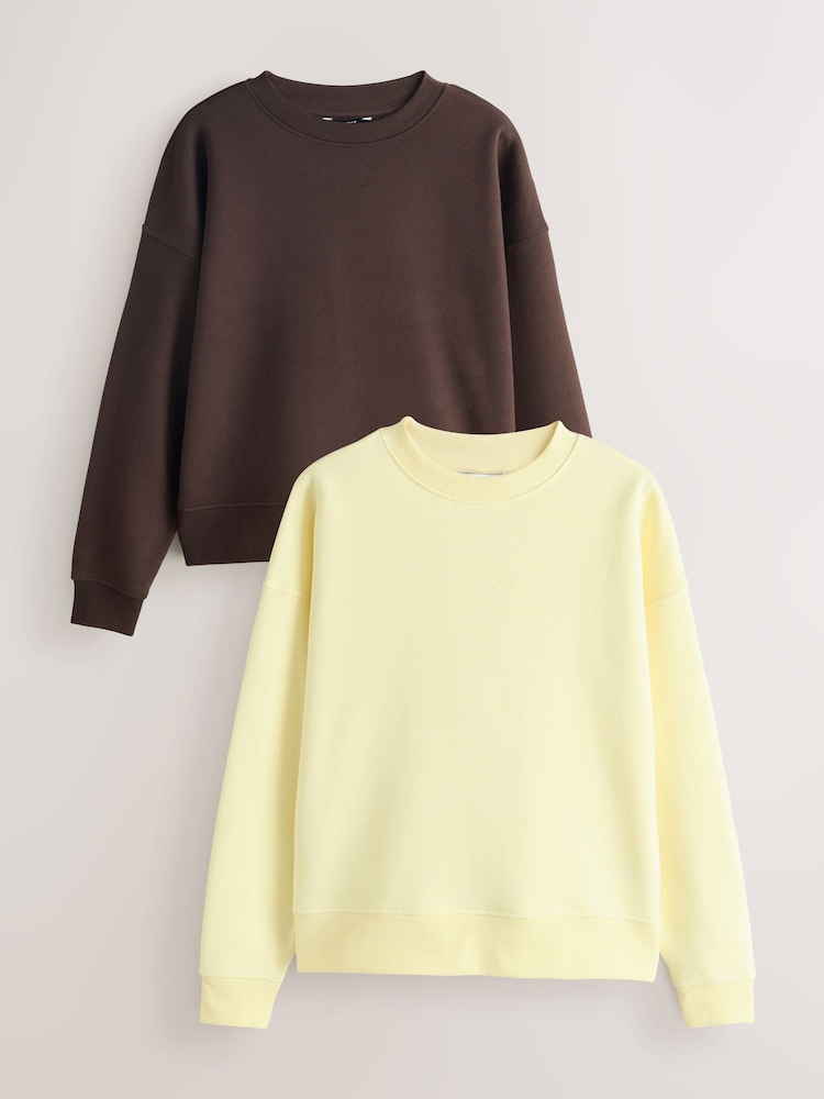 Chocolate Brown/Butter Yellow Supersoft Peached Essentials Crew Neck Seam Detail Sweatshirts 2 Pack - Image 1 of 10