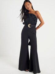 River Island Black Petite 3D Trim One Shoulder Jumpsuit - Image 1 of 4
