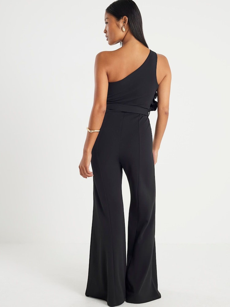 River Island Black Petite 3D Trim One Shoulder Jumpsuit - Image 2 of 4