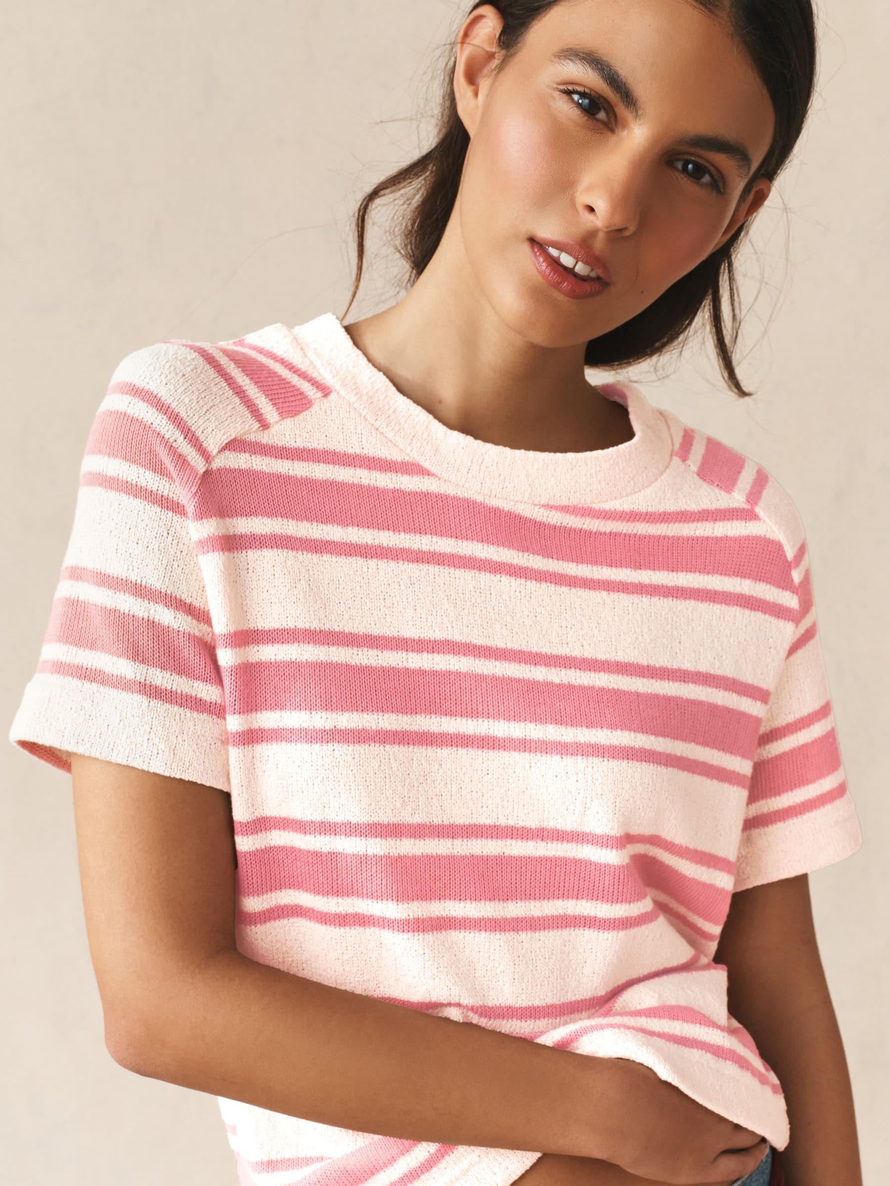 Buy Ecru/Pink Stripe Knitlook Short Sleeve Crew Neck Top from Next USA