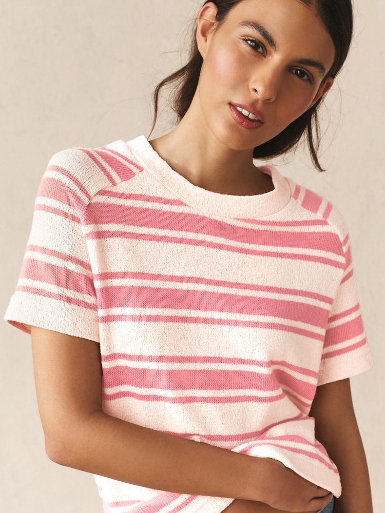 Ecru/Pink Stripe Knitlook Short Sleeve Crew Neck Top - Image 1 of 7 Ecru/Pink Stripe Knitlook Short Sleeve Crew Neck Top - Image 1 of 7