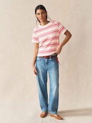 Ecru/Pink Stripe Knitlook Short Sleeve Crew Neck Top - Image 2 of 7