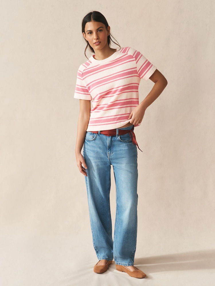 Ecru/Pink Stripe Knitlook Short Sleeve Crew Neck Top - Image 2 of 7 Ecru/Pink Stripe Knitlook Short Sleeve Crew Neck Top - Image 2 of 7