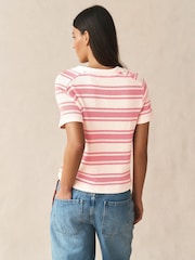 Ecru/Pink Stripe Knitlook Short Sleeve Crew Neck Top - Image 4 of 7