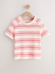 Ecru/Pink Stripe Knitlook Short Sleeve Crew Neck Top - Image 5 of 7
