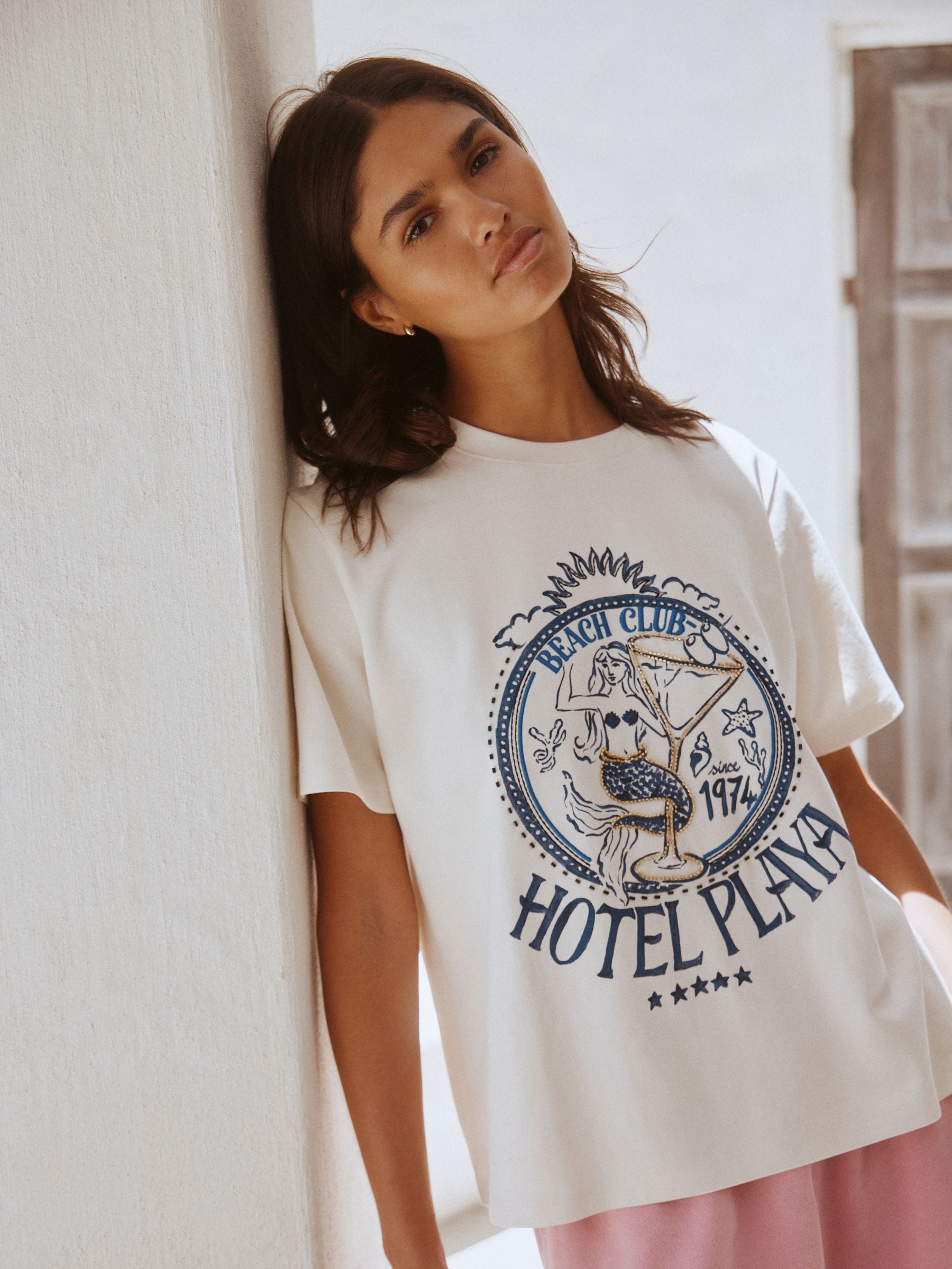 Buy White/Blue Mermaid Embroidered Graphic Short Sleeve Crew Neck