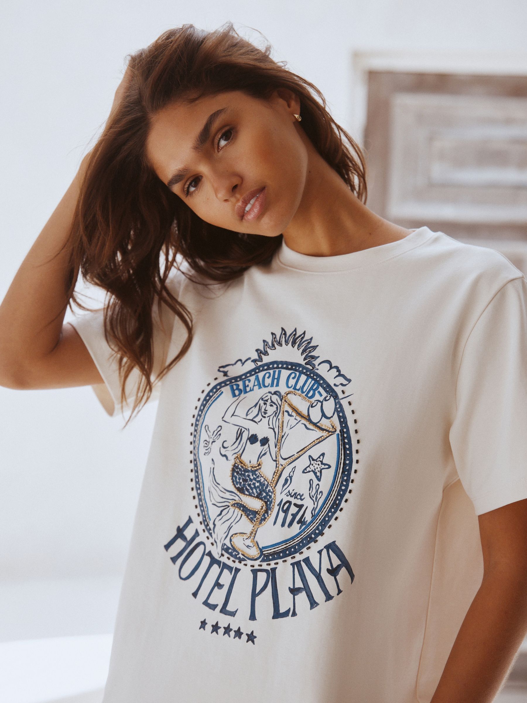 Buy White/Blue Mermaid Embroidered Graphic Short Sleeve Crew Neck