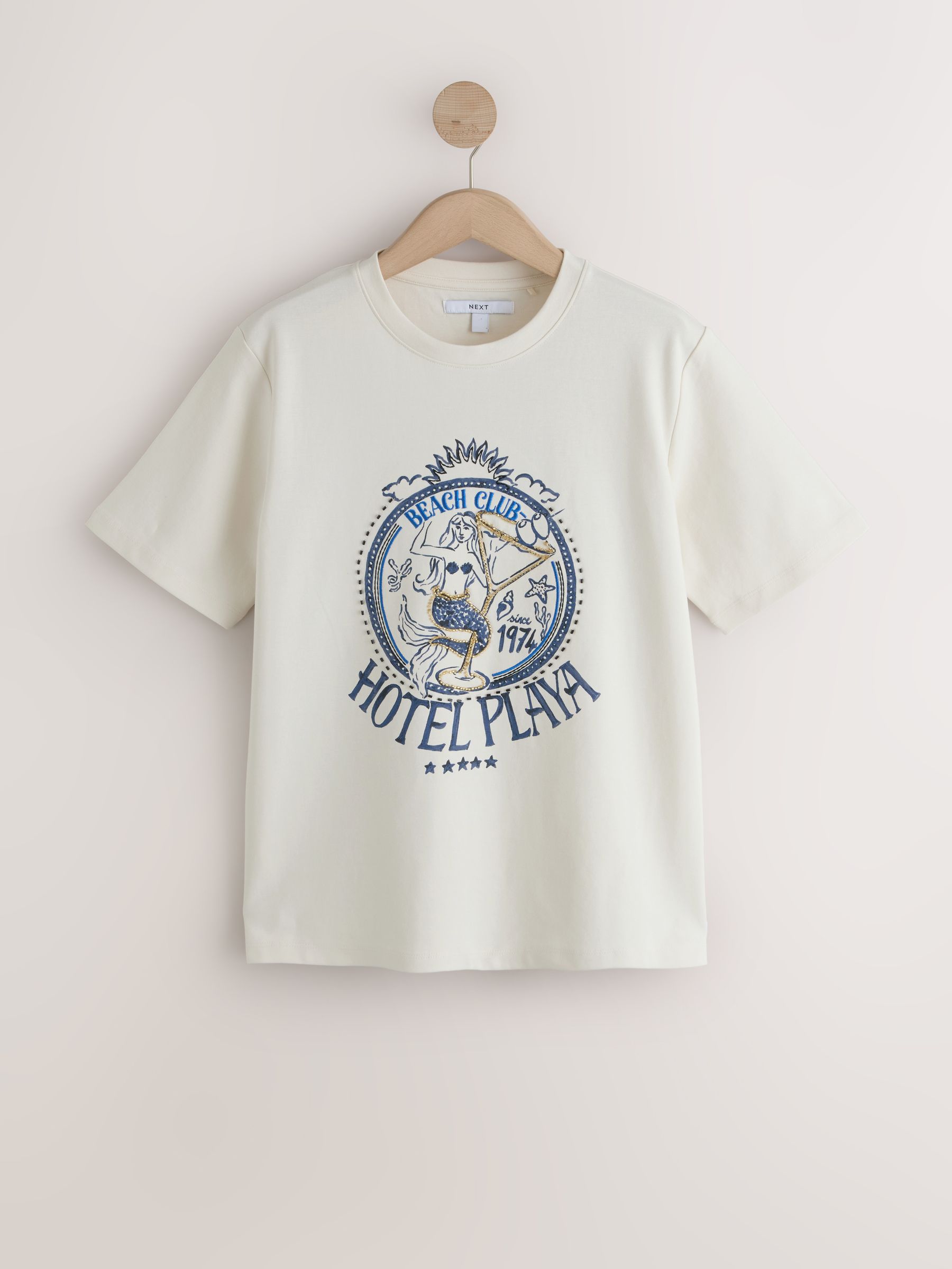 Buy White/Blue Mermaid Embroidered Graphic Short Sleeve Crew Neck