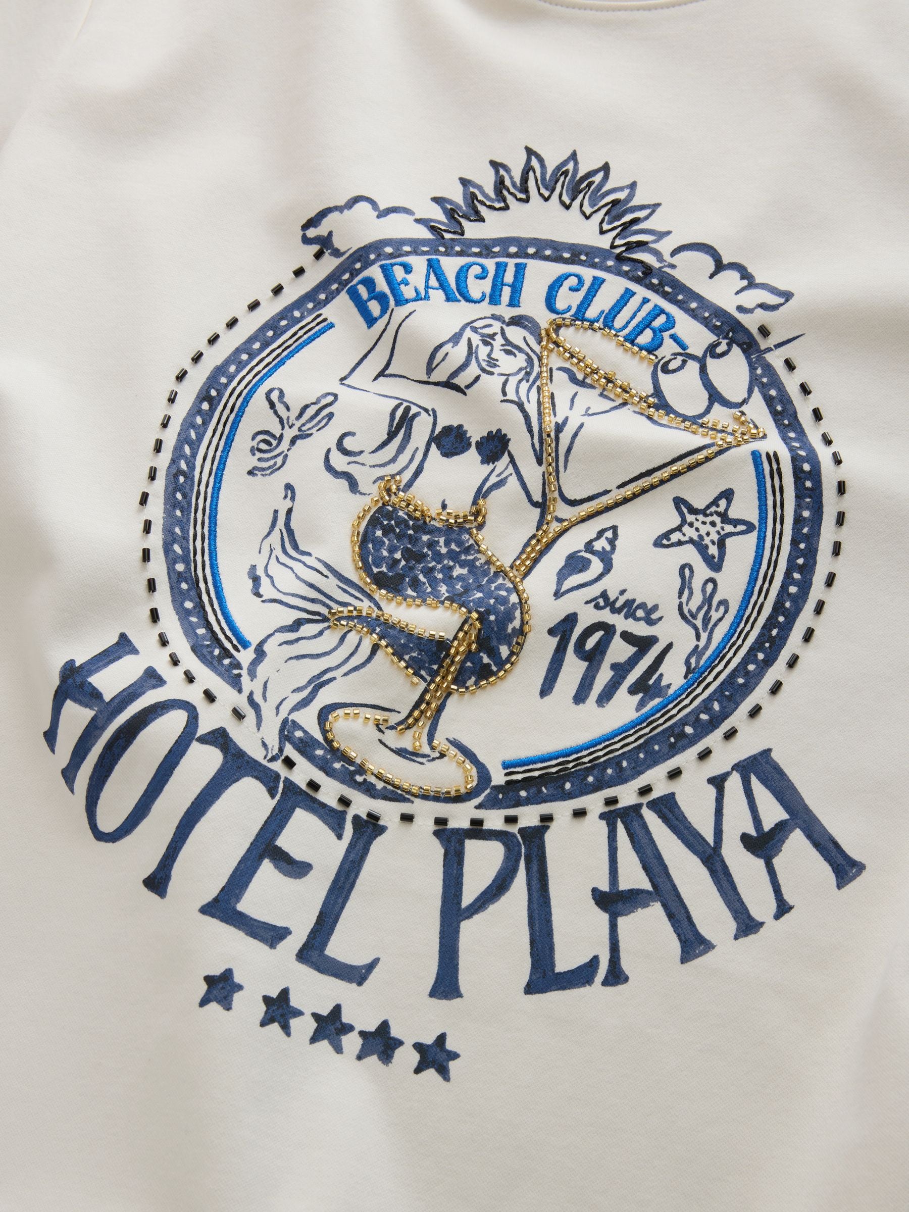 Buy White/Blue Mermaid Embroidered Graphic Short Sleeve Crew Neck