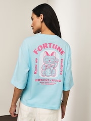 Aqua Blue Graphic Lucky Cat Short Sleeve Crew Neck T-Shirt - Image 1 of 9