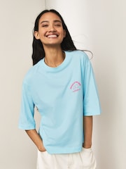 Aqua Blue Graphic Lucky Cat Short Sleeve Crew Neck T-Shirt - Image 3 of 9