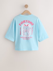 Aqua Blue Graphic Lucky Cat Short Sleeve Crew Neck T-Shirt - Image 6 of 9