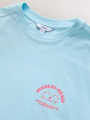 Aqua Blue Graphic Lucky Cat Short Sleeve Crew Neck T-Shirt - Image 7 of 9
