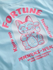 Aqua Blue Graphic Lucky Cat Short Sleeve Crew Neck T-Shirt - Image 8 of 9