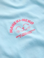 Aqua Blue Graphic Lucky Cat Short Sleeve Crew Neck T-Shirt - Image 9 of 9