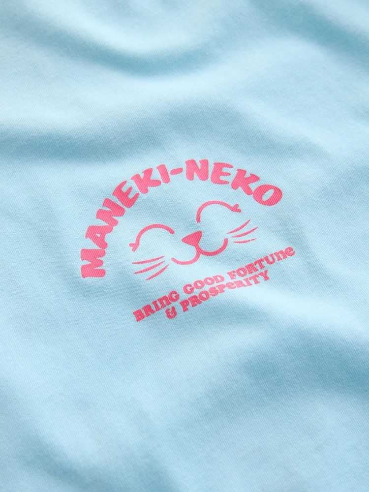 Aqua Blue Graphic Lucky Cat Short Sleeve Crew Neck T-Shirt - Image 9 of 9