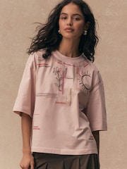 粉红色 - 刺绣图案圆领T恤 - 8的图像3｝