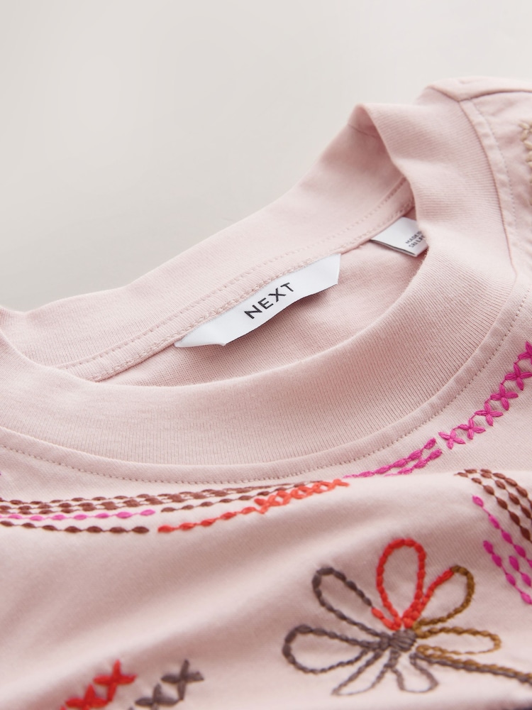 粉红色 - 刺绣图案圆领T恤 - 8的图像8｝