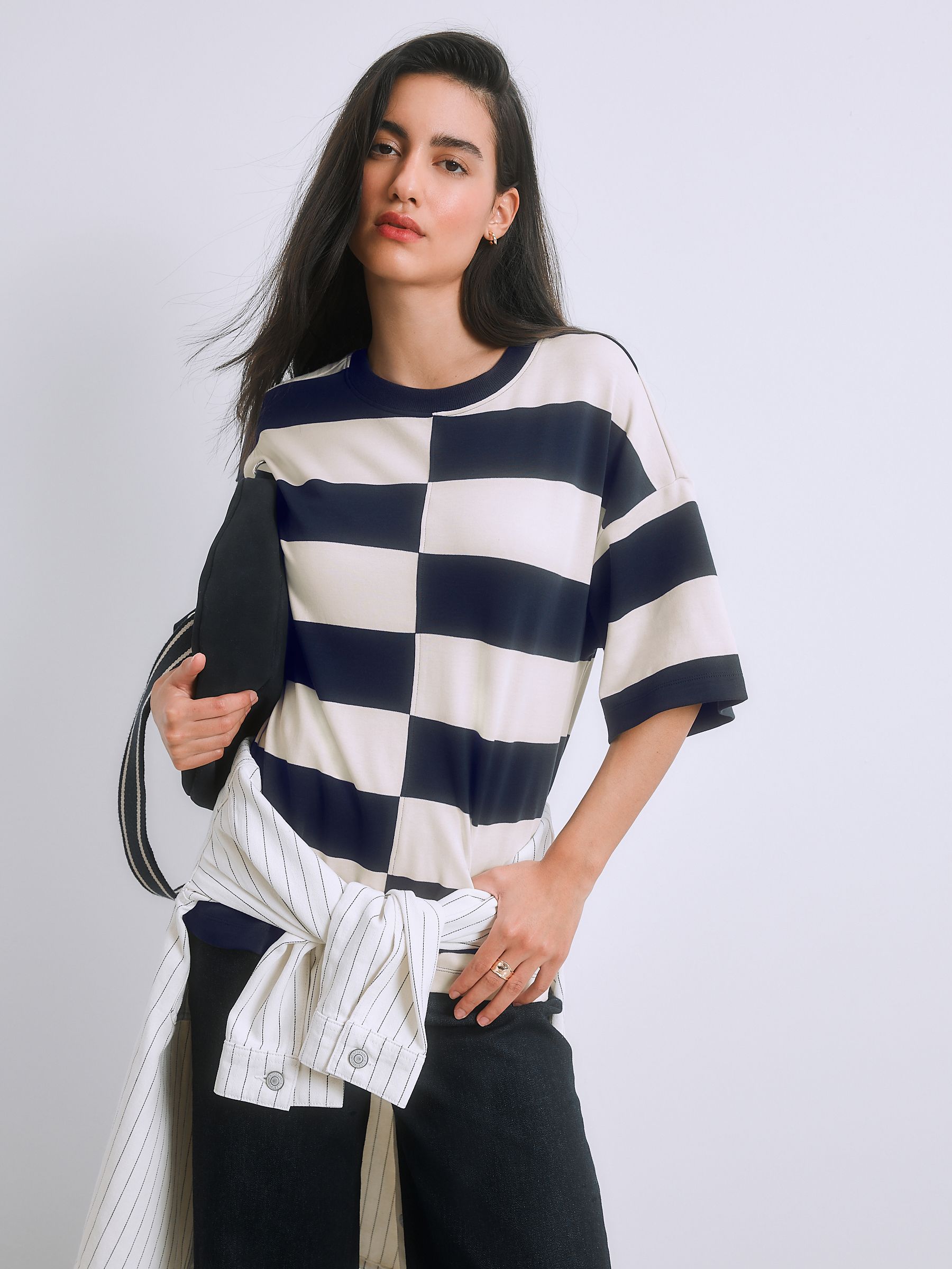 Buy Navy Blue/White Spliced Stripe Oversized Boxy Fit Heavyweight