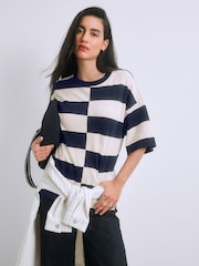 Navy/White Stripe Oversized Relaxed Fit Boxy Heavyweight Crew Neck T-Shirt - Image 1 of 8