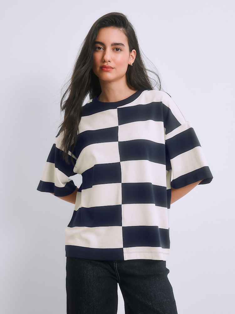 Navy/White Stripe Oversized Relaxed Fit Boxy Heavyweight Crew Neck T-Shirt - Image 2 of 8