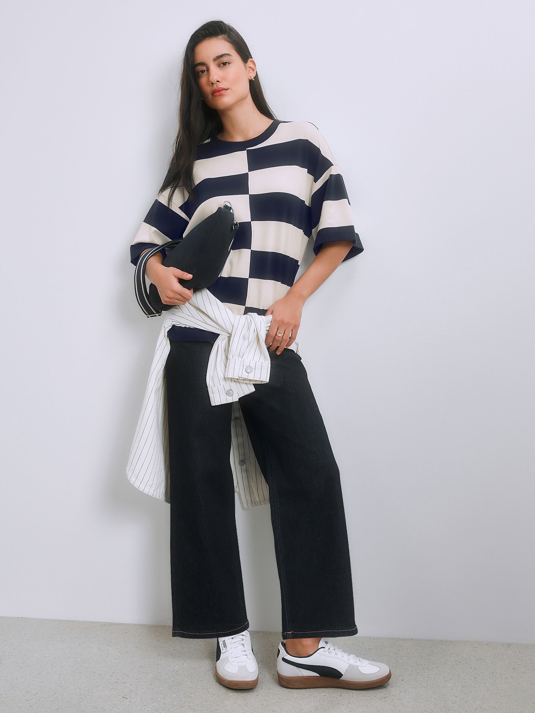 Buy Navy Blue/White Spliced Stripe Oversized Boxy Fit Heavyweight