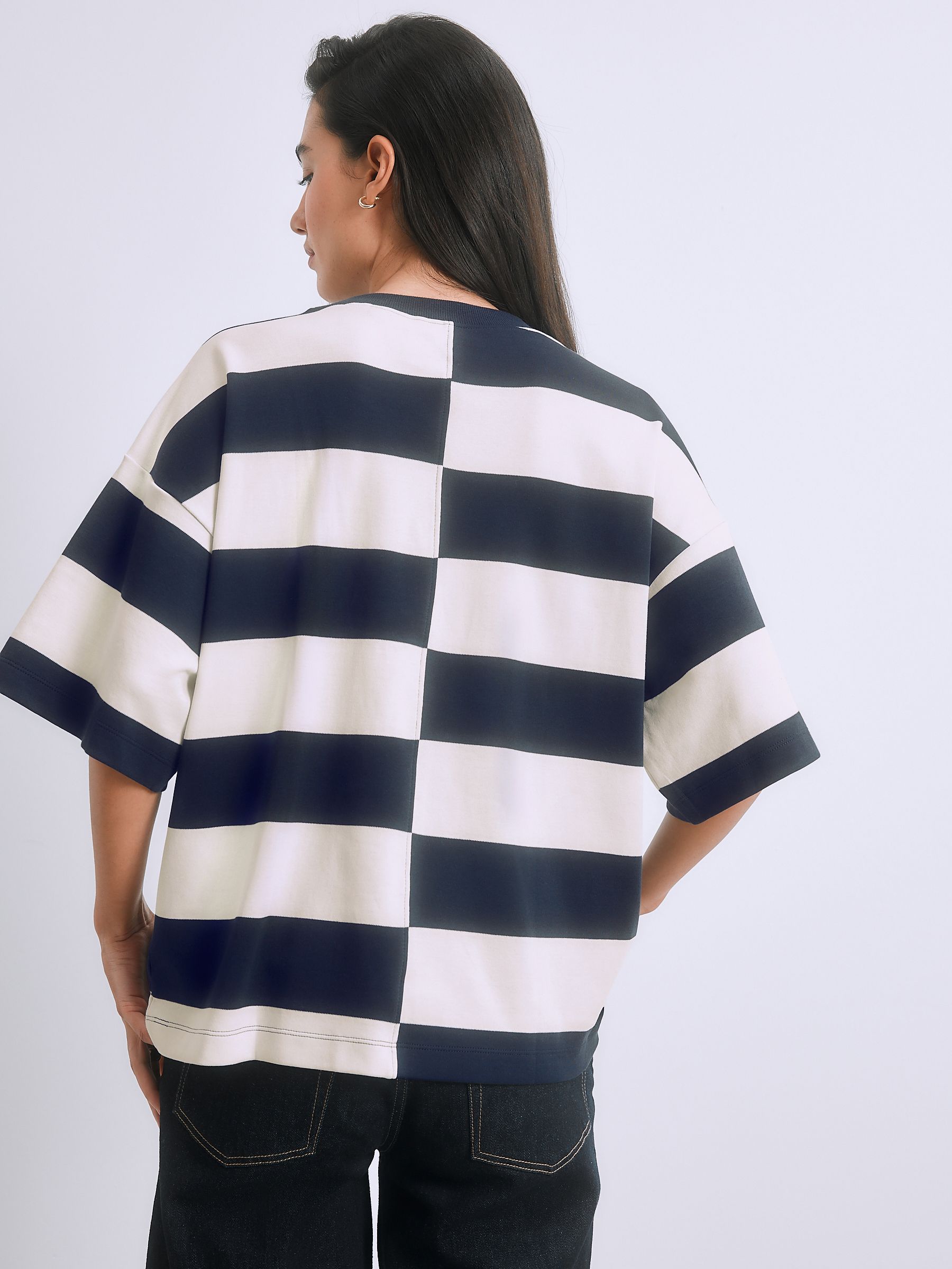Buy Navy Blue/White Spliced Stripe Oversized Boxy Fit Heavyweight
