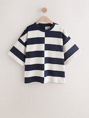 Navy/White Stripe Oversized Relaxed Fit Boxy Heavyweight Crew Neck T-Shirt - Image 6 of 8